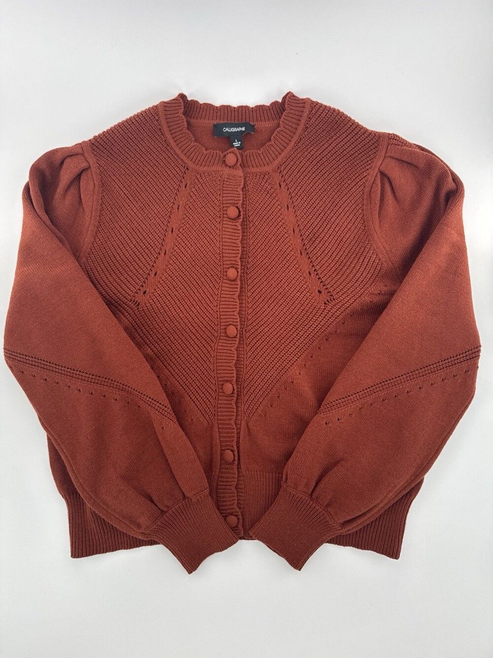 Calligraphie Brown Knit Cardigan Sweater Woman's Large Puff Sleeve